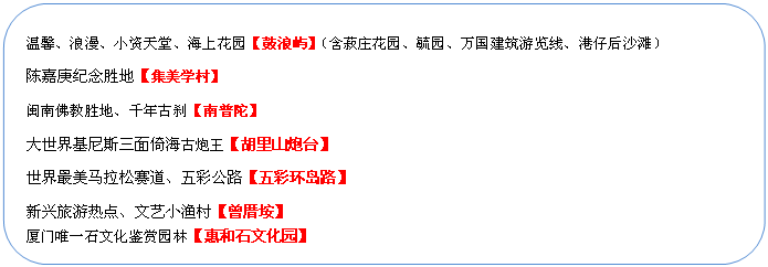圓角矩形: 溫馨、浪漫、小資天堂、海上花園【鼓浪嶼】（含菽莊花園、毓園、萬國建筑游覽線、港仔后沙灘）
陳嘉庚紀(jì)念勝地【集美學(xué)村】
閩南佛教勝地、千年古剎【南普陀】
大世界基尼斯三面倚海古炮王【胡里山炮臺(tái)】
世界最美馬拉松賽道、五彩公路【五彩環(huán)島路】
新興旅游熱點(diǎn)、文藝小漁村【曾厝垵】
廈門唯一石文化鑒賞園林【惠和石文化園】
